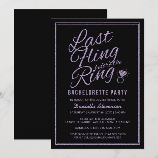 Glitter look Last Fling Bachelorette Party Invite Kaart (Voorkant / Achterkant)
