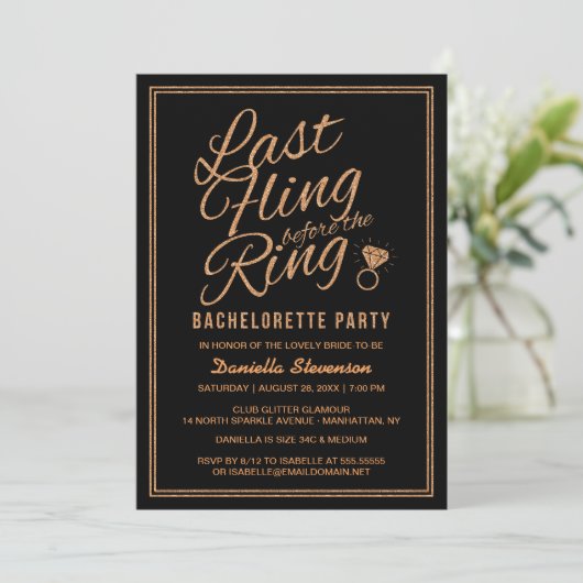 Glitter look Last Fling Bachelorette Party Invite Kaart (Staand voorkant)