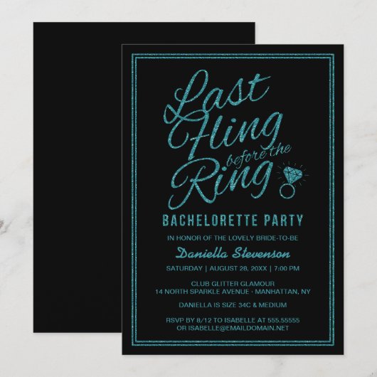 Glitter look Last Fling Bachelorette Party Invite Kaart (Voorkant / Achterkant)
