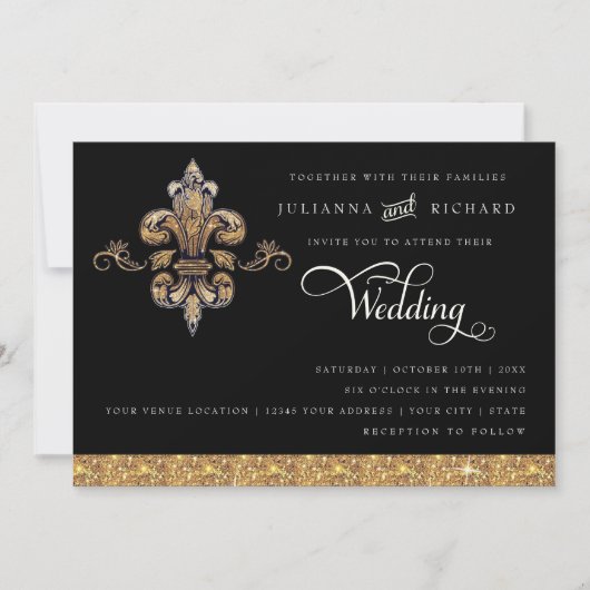 Glitter Look Nep Goud Zwart Formal Fleur de Lis Kaart (Voorkant)