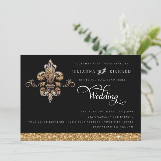 Glitter Look Nep Goud Zwart Formal Fleur de Lis Kaart (Staand voorkant)