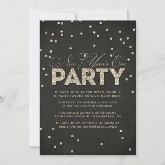 Glitter look New Year's Eve Party Invitation Kaart (Voorkant)