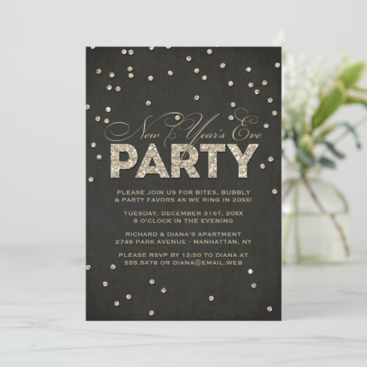 Glitter look New Year's Eve Party Invitation Kaart (Staand voorkant)