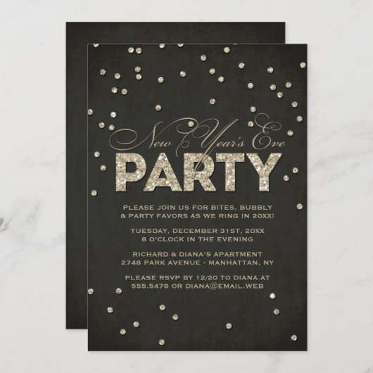 Glitter look New Year's Eve Party Invitation Kaart (Voorkant / Achterkant)