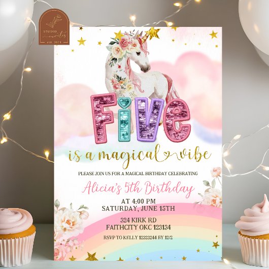 Glitter Lovertje Magische Eenhoorn 5e Verjaardag Kaart