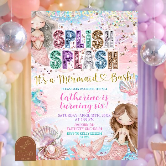 Glitter Lovertje Splish Splash zeemeisjesfeest uit Kaart