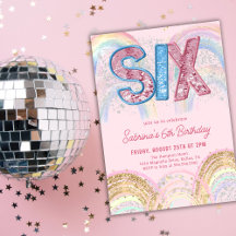 Glitter Lovertjes Regenboog 6de Verjaardagsuitnodi
