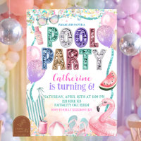 Glitter Lovertjes Zwembad Feest Verjaardagsuitnodi