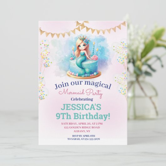 Glitter magische zeemeermin 9e verjaardag foto kaart (Staand voorkant)