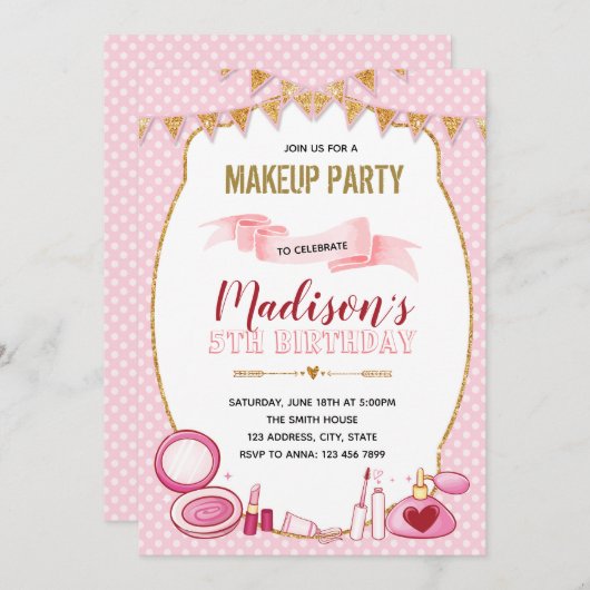 Glitter make keup verjaardagsuitnodiging kaart (Voorkant / Achterkant)