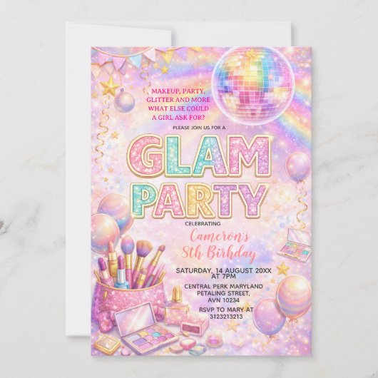 Glitter Makeup Disco Glam Kids Birthday Party Kaart (Voorkant)