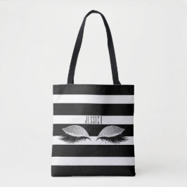 Glitter Makeup Eye Lashes Black White Stripes Name Tote Bag