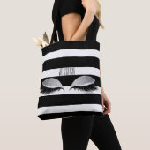 Glitter Makeup Eye Lashes Black White Stripes Name Tote Bag (Dichtbij)