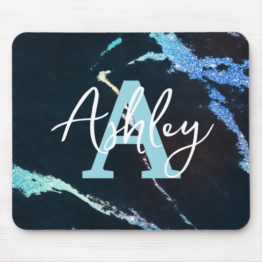 Glitter Marble Blue Specialized Monogram Mousepad Muismat (Voorkant)