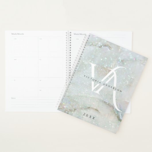 Glitter Marble Elegant White Split Monogram Custom Planner (Display)
