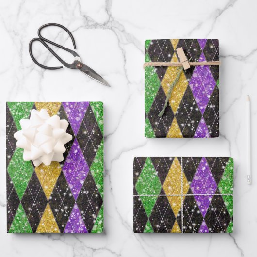Glitter Mardi Gras Harlequin Argyle Wrapping Paper (Voorkant)