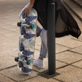 Glitter Marine Blauwe Vlinder met Bloemenachtergro Persoonlijk Skateboard