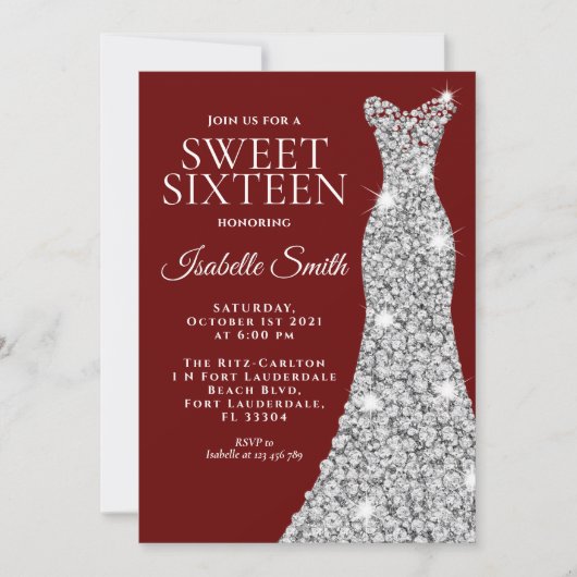 Glitter Maroon Sweet Sixteen Birthday Uitnodiging (Voorkant)