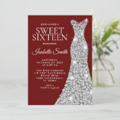 Glitter Maroon Sweet Sixteen Birthday Uitnodiging (Staand voorkant)