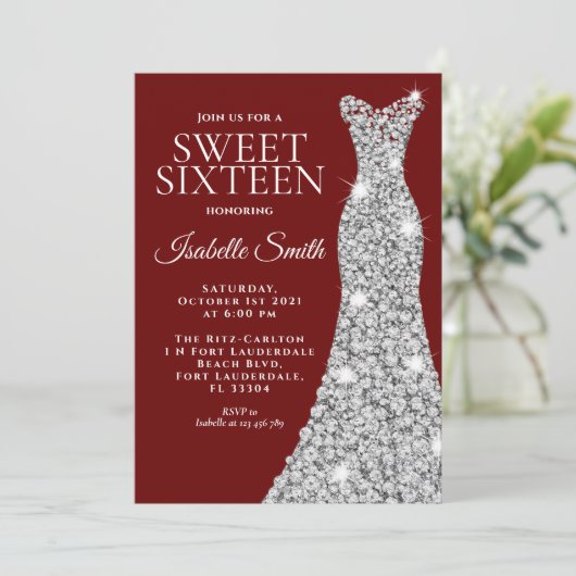 Glitter Maroon Sweet Sixteen Birthday Uitnodiging (Staand voorkant)