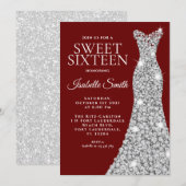 Glitter Maroon Sweet Sixteen Birthday Uitnodiging (Voorkant / Achterkant)