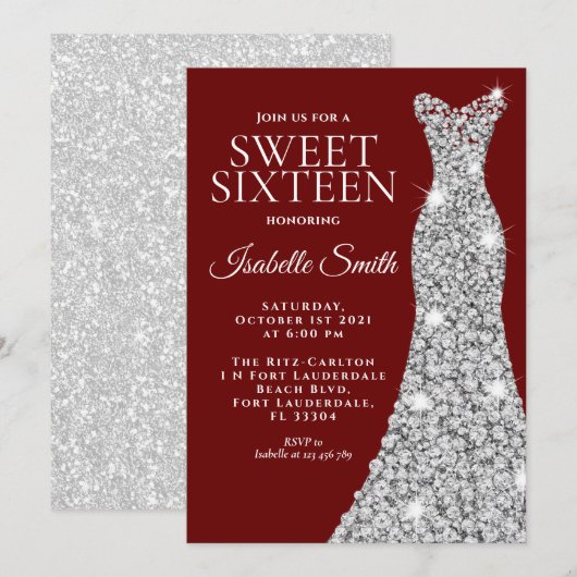 Glitter Maroon Sweet Sixteen Birthday Uitnodiging (Voorkant / Achterkant)