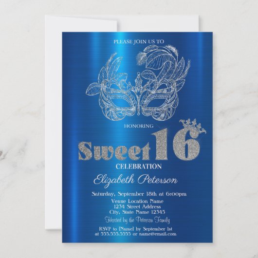 Glitter Mask Blue Metallic Sweet 16 Kaart (Voorkant)