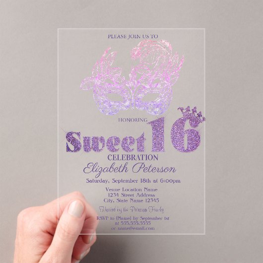 Glitter Mask Violet  Sweet 16 Acryl Uitnodigingen (Insitu (Draagbaar))