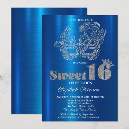 Glitter Masker Blauw Metallic Sweet 16 Kaart (Voorkant / Achterkant)