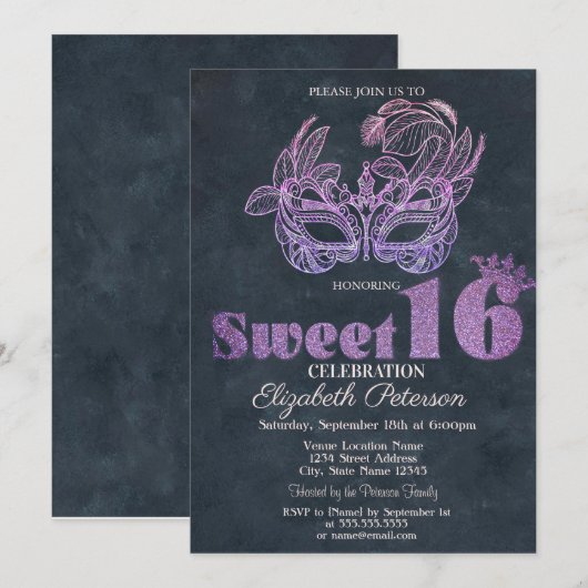 Glitter Masque Paars  Sweet 16 Kaart (Voorkant / Achterkant)