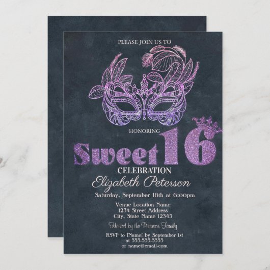 Glitter Masque Violet Sweet 16 Kaart (Voorkant / Achterkant)