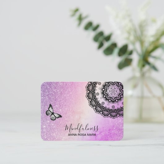 *~* Glitter Meditation Butterfly Reiki Mandala Visitekaartje (Staand voorkant)