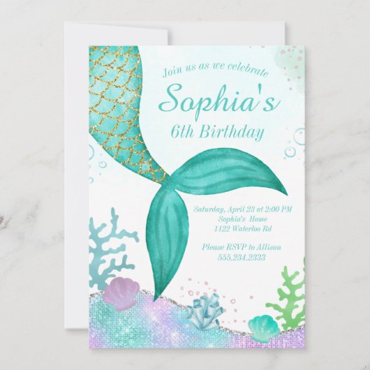 Glitter Mermaid Birthday Uitnodiging (Voorkant)