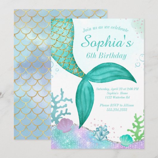 Glitter Mermaid Birthday Uitnodiging (Voorkant / Achterkant)