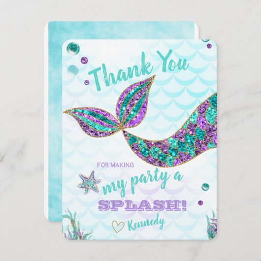 Glitter Mermaid, Dank u wel, onder het Zee Bedankkaart (Voorkant / Achterkant)
