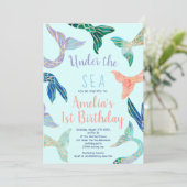 Glitter mermaid gold glitter blue 1st verjaardag kaart (Staand voorkant)