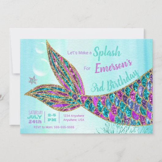 Glitter Mermaid Invitation, onder de Zee Partij, Kaart (Voorkant)