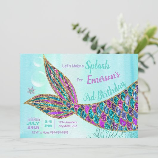 Glitter Mermaid Invitation, onder de Zee Partij, Kaart (Staand voorkant)