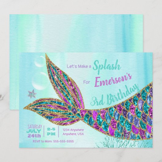 Glitter Mermaid Invitation, onder de Zee Partij, Kaart (Voorkant / Achterkant)
