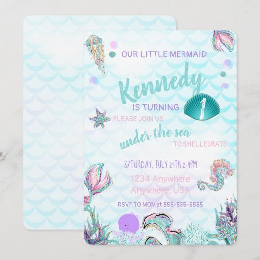Glitter Mermaid Invitation, onder de Zee Partij, Kaart (Voorkant / Achterkant)