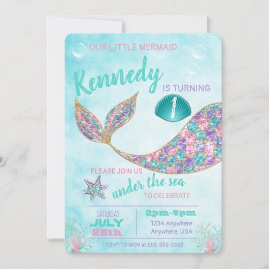 Glitter Mermaid Invitation, onder de Zee Partij, Kaart (Voorkant)