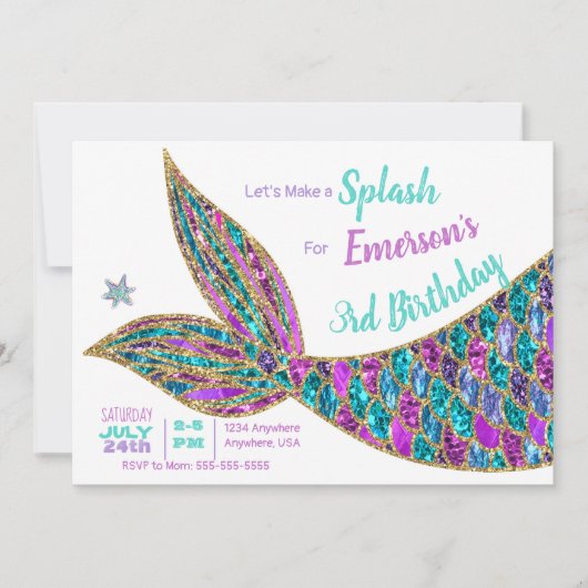 Glitter Mermaid Invitation, onder de Zee Partij, Kaart (Voorkant)