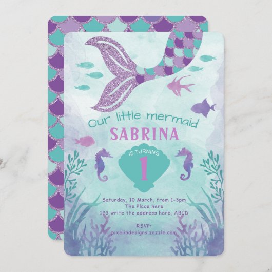 Glitter Mermaid, Paars, Tail onder het zee Kaart (Voorkant / Achterkant)