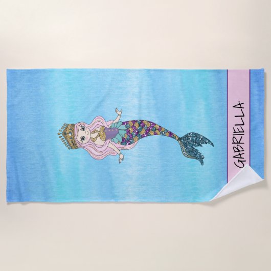 Glitter Mermaid Princess Personalized Beach Towel Strandlaken (Voorkant)
