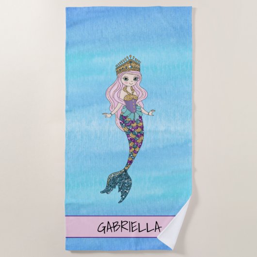 Glitter Mermaid Princess Personalized Beach Towel Strandlaken (Voorkant)