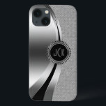 Glitter met monogrammetallisch zilver en diamanten iPhone 13 hoesje<br><div class="desc">Zilvertonen met een glanzend metalen ontwerp,  roestvrij staal met witte ruitvormige glitter. Aangepast en optioneel monogram met zwarte accenten. Zoals alle design op zazzle is dit geen echte glitter of metaalafwerking,  maar slechts een afbeelding.</div>
