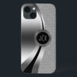 Glitter met monogrammetallisch zilver en diamanten iPhone 13 hoesje<br><div class="desc">Zilvertonen met een glanzend metalen ontwerp,  roestvrij staal met witte ruitvormige glitter. Aangepast en optioneel monogram met zwarte accenten. Zoals alle design op zazzle is dit geen echte glitter of metaalafwerking,  maar slechts een afbeelding.</div>