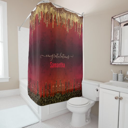 Glitter met roodzwart en goudglitter druppelt mono douchegordijn (In situ)