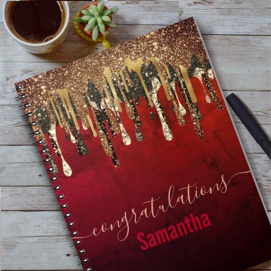 Glitter met roodzwart en goudglitter druppelt mono notitieboek