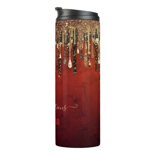 Glitter met roodzwart en goudglitter druppelt mono thermosbeker (Geroteerd rechts)